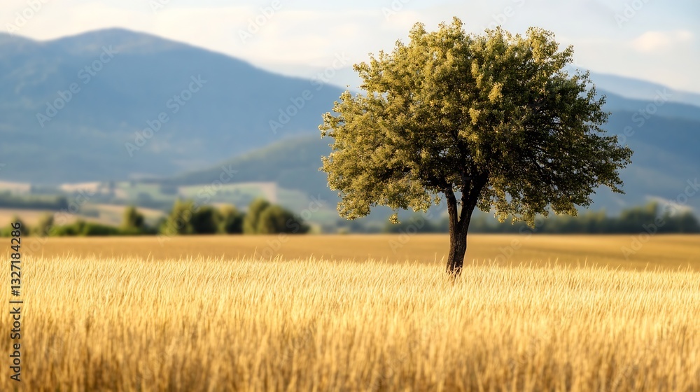 Poster Lone Tree Standing in Golden Wheat Field Against a Backdrop of Rolling Hills : Generative AI