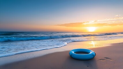 A serene beach scene at sunset featuring calm waves and a blue flotation ring on the sand. Concept Beach Sunset, Calm Waves, Blue Flotation Ring, Serene Atmosphere, Coastal Beauty