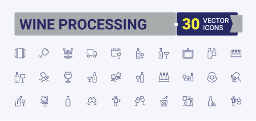 Wine Processing icon collection. Included vineyard, factory, winemaker, making, production, grape, drink and more. Winemaking icon set. Thin linear style icons. Vector icons editable stroke.