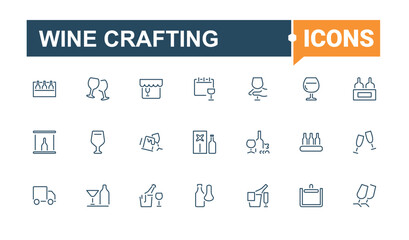 Wine icon set. Contain linear sign making, beverage, drink, wineglass, vine, brewery, wine and more. Winemaking icon set. Outline symbol collection. Signs for web and mobile app.