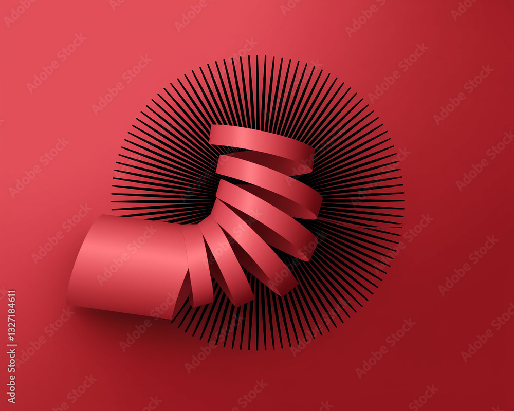 Poster abstract red spiral on red background, black lines radiating outwards, creating a dynamic and modern