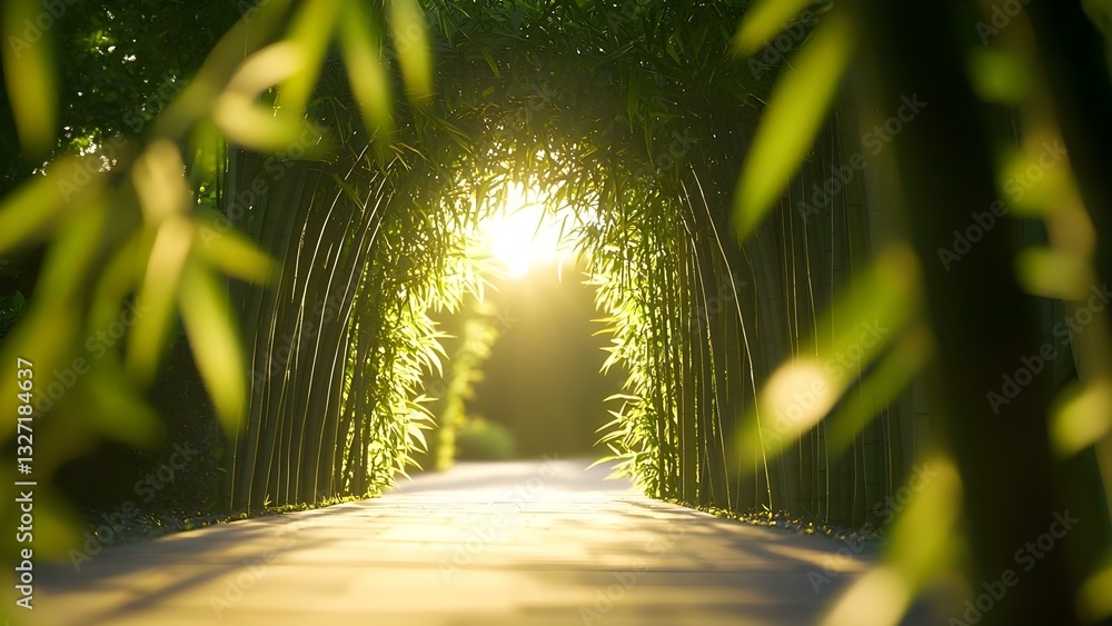 Poster a serene pathway framed by bamboo, illuminated by sunlight filtering through the greenery, creating 