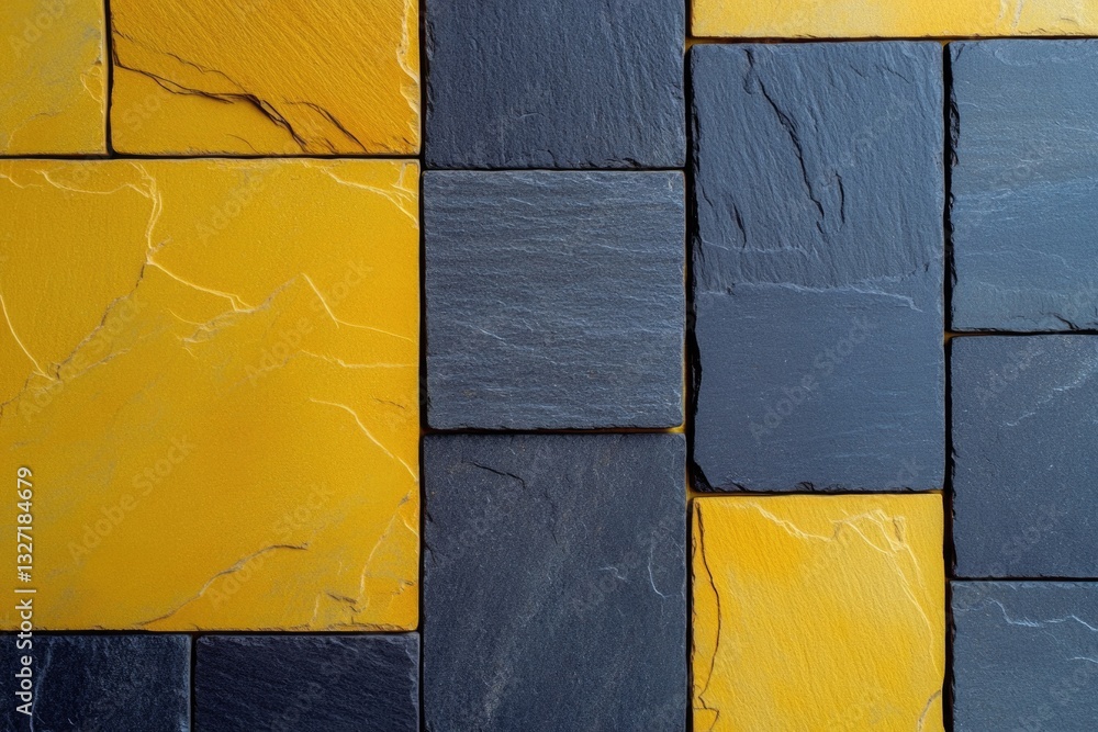 Poster A detailed shot of a textured brick wall with alternating yellow and black hues, perfect for use in architecture or design concepts