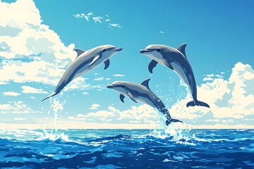Silver dolphins jumping in the azure ocean