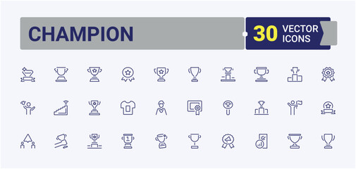 Champion icon set. Contains such icons as first, prize, achievement, up, competition, success, achieve and more. Winner minimal icon. Thin UI icon design. Editable stroke. Vector illustration.