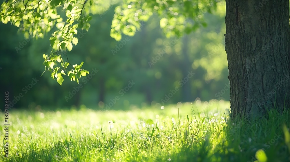 Poster closeup of sunlight filtering through leaves on tree in a lush green park : generative ai