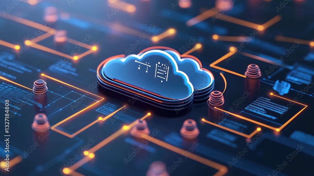 Poster a digital map of cloud technology with interconnected server nodes and a two-tone cloud, symbolizing