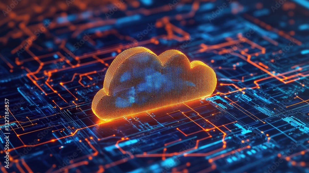 Poster a digital network of interconnected servers with a two-tone cloud symbol, depicting the power of clo