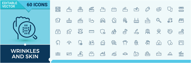 Wrinkles And Skin modern icons. Contains such icons as care, wrinkle, woman, skin, facial, uv, face, moist. Thin outline icon pack. Cream vector icon set. Editable vector stroke.