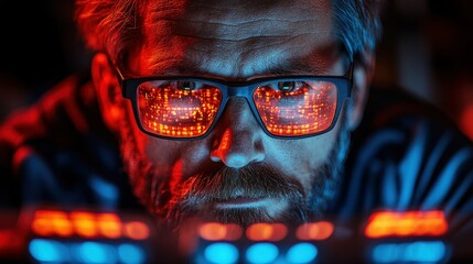 Cyberpunk Hacker Close-Up:  Intense Focus on Digital Data Stream