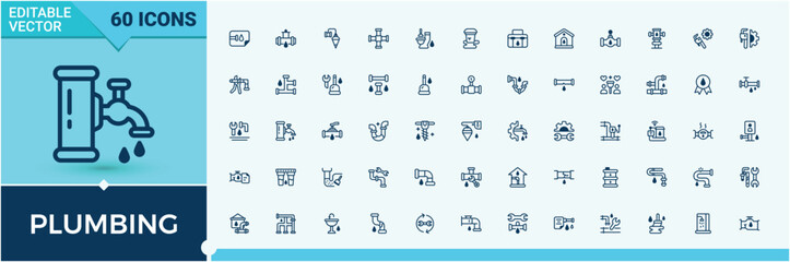 Plumbing icon set. Contains related to plumber, plumb, shower, pipe, leak, water, tube. Sign and Symbol. Plumber line icons. Solid line editable stroke. Vector collection.