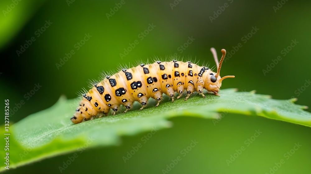 Poster close up of a vibrant yellow caterpillar with black spots crawling on a green leaf in a natural sett