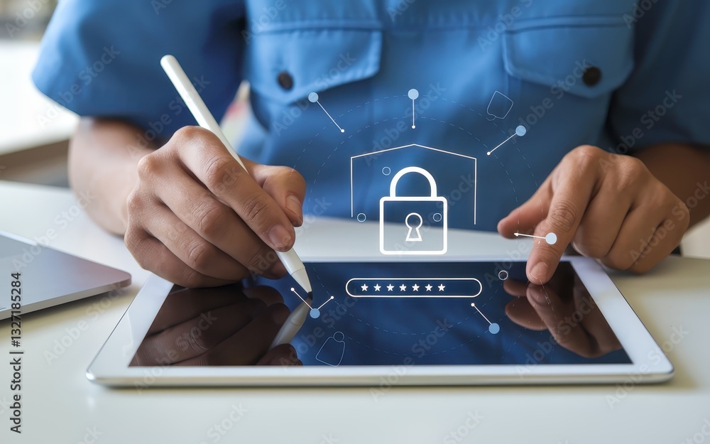 Poster cybersecurity and data protection: a person using a tablet to secure their digital information