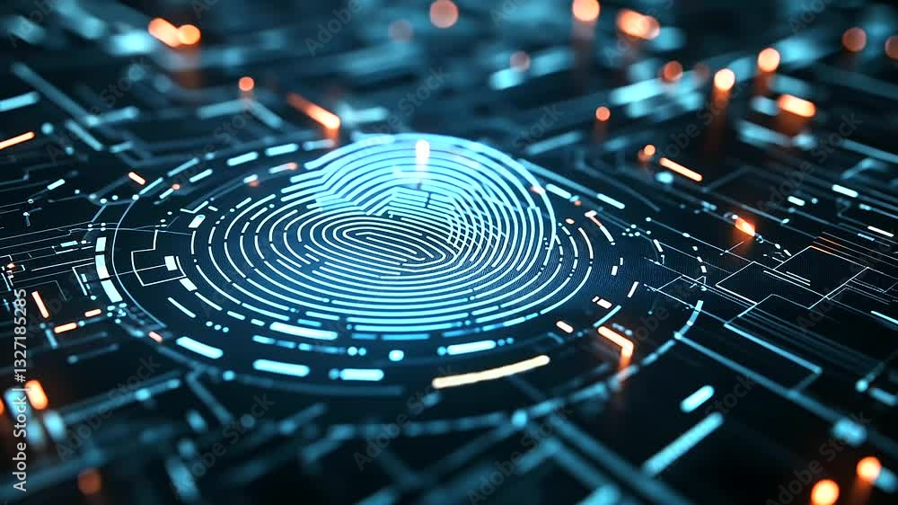 Poster close-up of a futuristic biometric scan, with a highly detailed fingerprint pattern glowing over a n