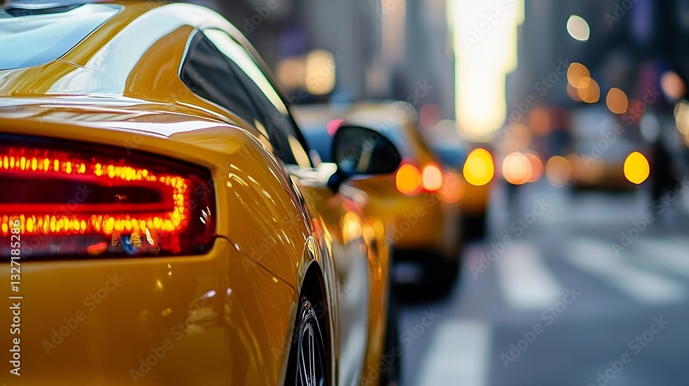 Aufkleber closeup image of a yellow taxi parked in the city streets with a blurred urban background : generati