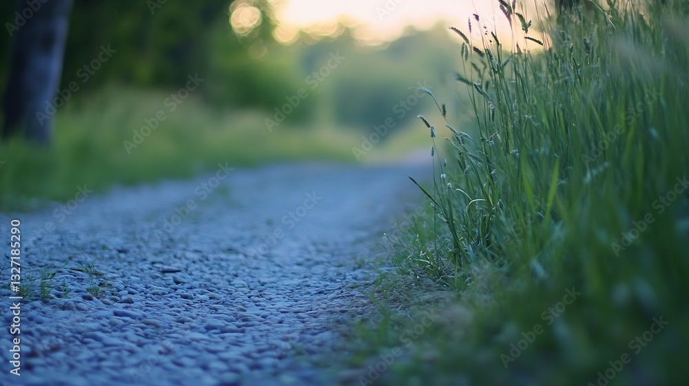 Poster close up view of a gravel path surrounded by lush green grass and nature : generative ai