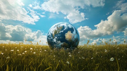 Magnificent earth globe nestled in a vibrant field under a clear, sunny sky