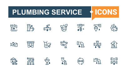 Plumbing Service icon collection. Containing plumbing, plumb, bathroom, bath, water, shower and more. Plumbing vector line icon set. Editable stroke. Vector illustration.