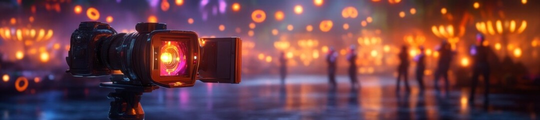 Futuristic TV Studio with Vintage Cameras and Neon Lights. Generative AI
