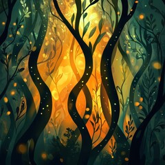 A vibrant stylized forest scene with warm glowing highlights