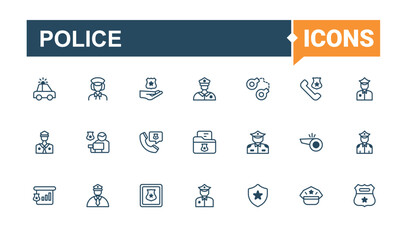 Police icon set. It contains symbols to arrest, office, badge, thief, protect, jail, officer and more. Perfect for logos and infographic. Court icon collection. Trendy minimal icons.