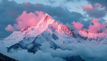 Pink Sunrise Mountain Peak  Snow Capped  Cloudscape