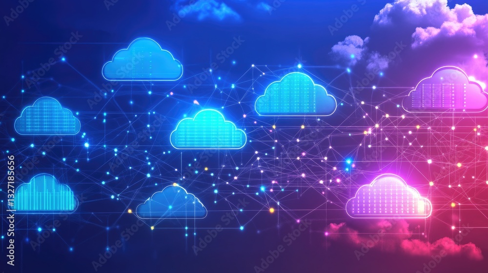 Poster a dynamic digital network of interconnected servers and two-tone clouds, illustrating modern cloud-b