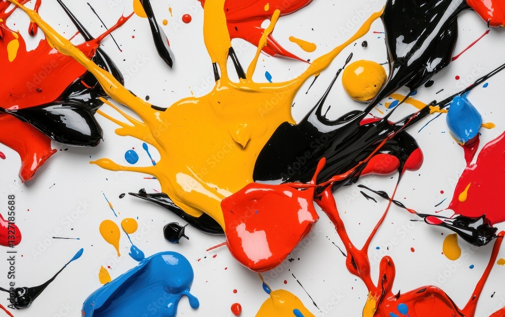 Poster Abstract image featuring vibrant red, yellow, blue, and black paint splatters on a white background. The paint is dynamically splashed, creating a chaotic yet visually appealing composition