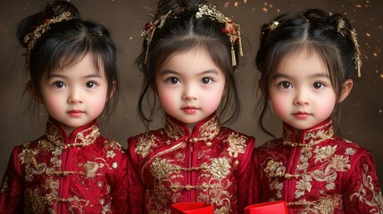 Adorable Triplets in Traditional Chinese Garments