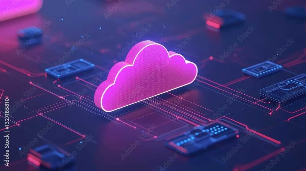 Poster a dynamic representation of cloud computing with interconnected server nodes and two-tone cloud, ill