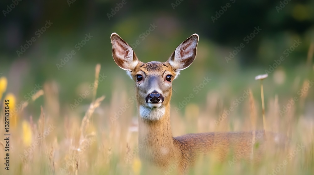 Poster Closeup capture of a curious deer in a field with soft grass and natural sunlight : Generative AI