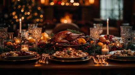 Naklejka premium Festive Christmas dinner table with turkey fruits and candles creating a cozy atmosphere. Generative AI