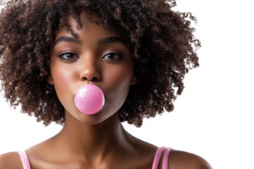 Young woman blowing bubble gum with a cheerful expression
