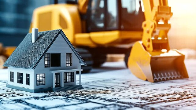 Close-up of a house model positioned on an urban planning blueprint, with construction machinery and undeveloped plots in the background. The illustration represents housing expans