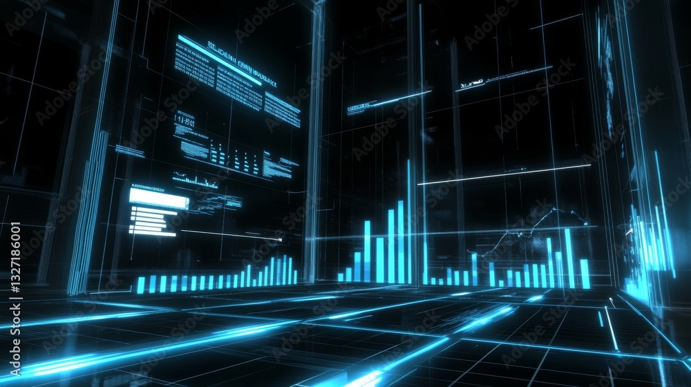 Aufkleber a dynamic d financial bar chart with glowing lines and a digital interface, showing key business met