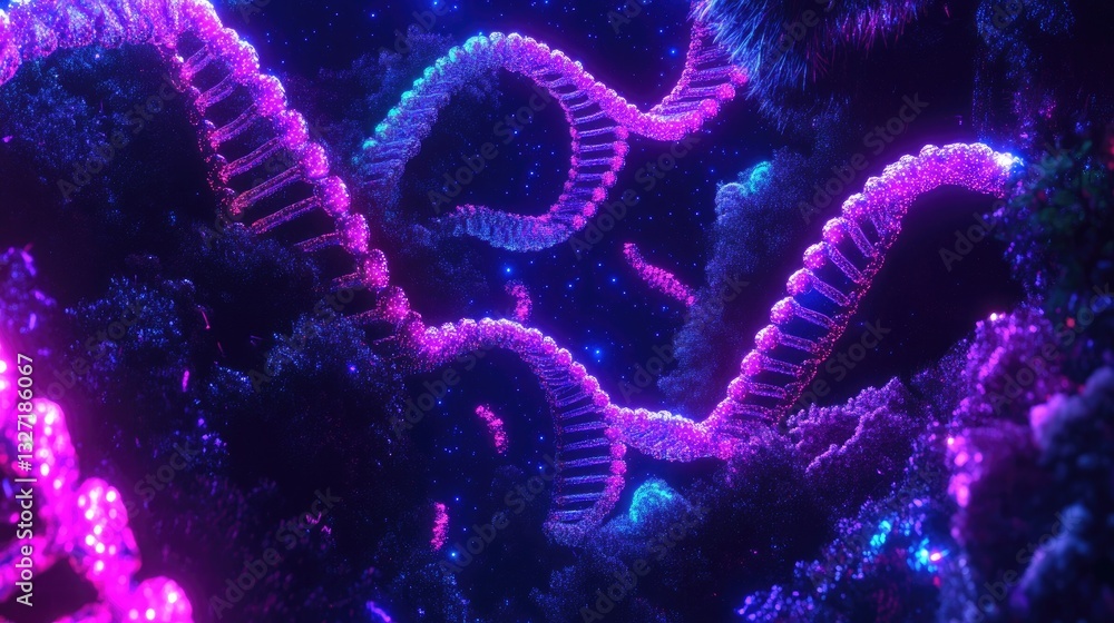 Poster a futuristic biotechnology lab with glowing dna strands and molecular structures floating in a digit