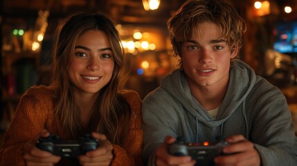 Teenage Couple Playing Video Games in Cozy Cabin