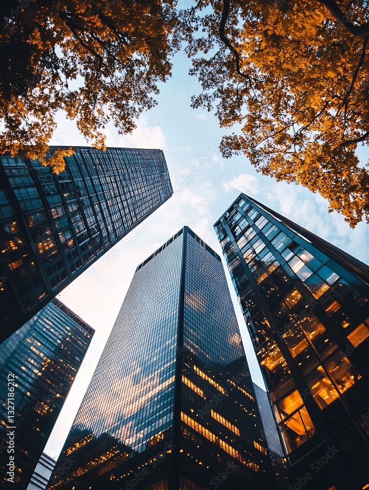 Poster Unique view of towering skyscrapers surrounded by trees showcasing modern architecture and urban charm : Generative AI