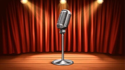 A dynamic microphone on a stand, set against a blurred stage backdrop with spotlights creating a professional performance atmosphere.