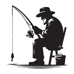 Sunset Angler Oldman Fishing silhouette, catching the last light of the day - Fishing illustration - Minimalist Oldman Fishing vector - Twilight fisherman
