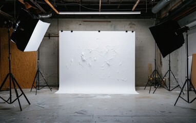 Studio photography setup with white backdrop, lighting equipment, and industrial background. Concrete floor and exposed ceiling visible