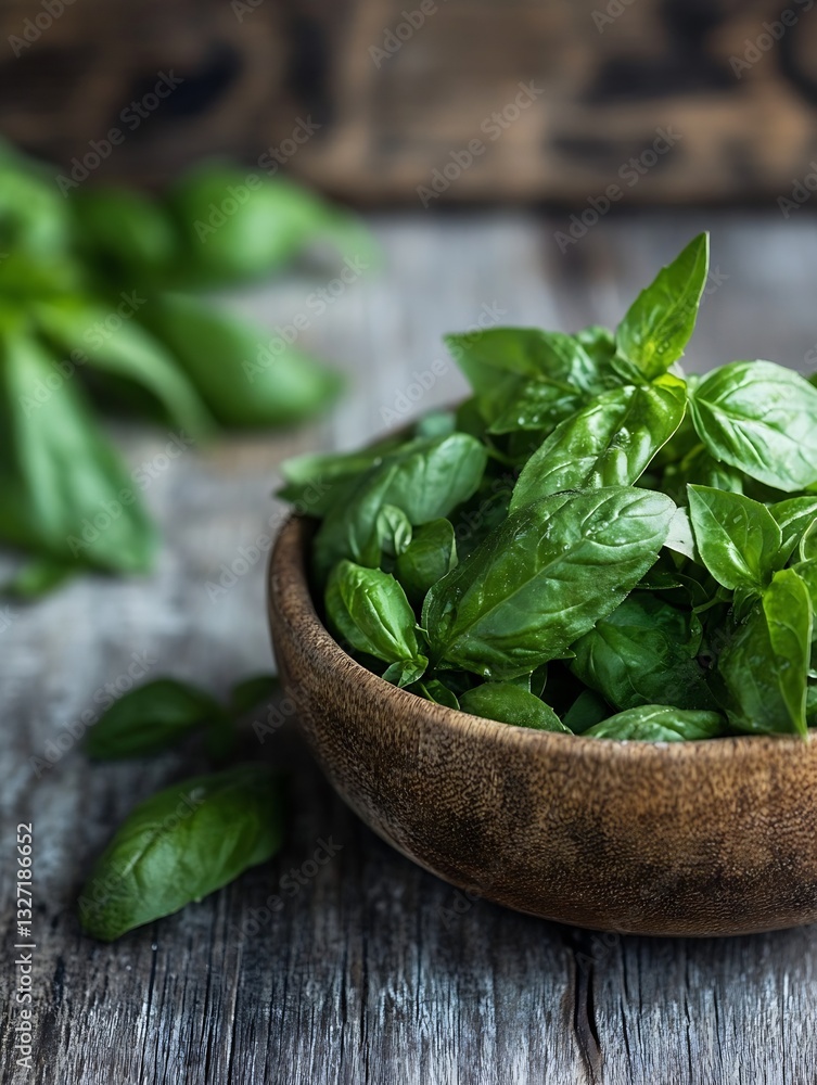 Poster Fresh aromatic basil leaves neatly presented in a rustic wooden bowl on a weathered table : Generative AI