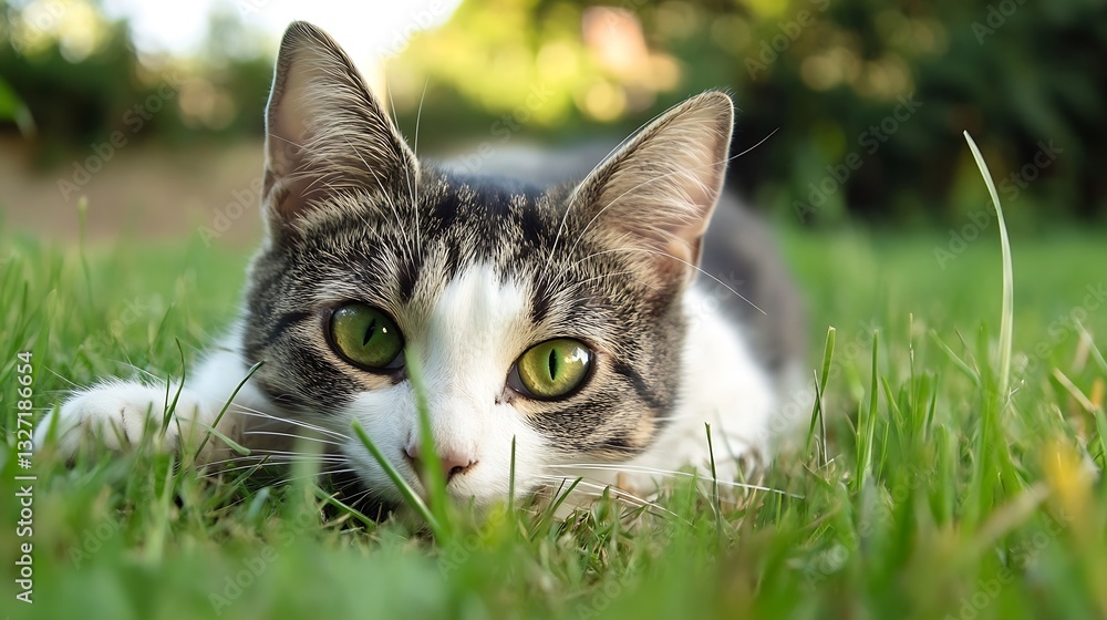 Poster Close up view of a playful cat resting on grass surrounded by greenery in soft natural light : Generative AI