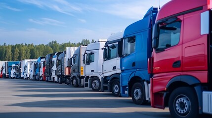 A row of colorful trucks lined up under a blue sky showcasing their unique designs and colors : Generative AI