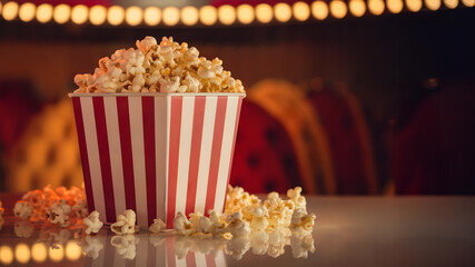Classic red-and-white striped popcorn bucket filled with fluffy, golden popcorn, set against a vibrant movie theater ambiance, evoking a cinematic experience with warm lighting and nostalgic charm
