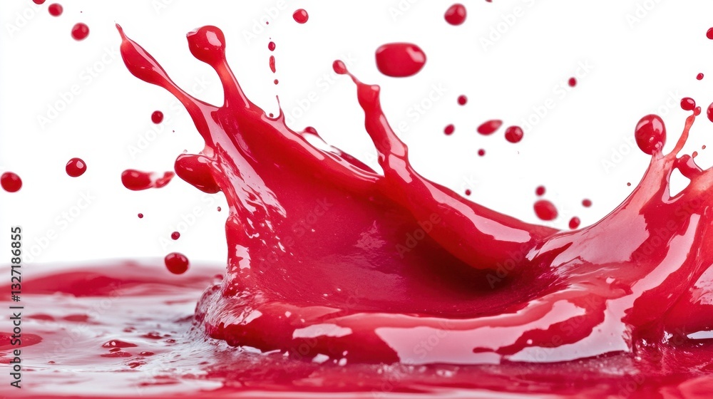 Poster vivid crimson paint explosion against a pristine white backdrop showcasing dynamic fluid motion and 