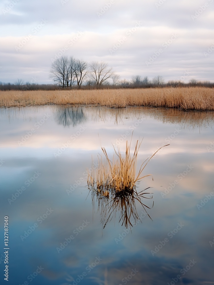 Poster serene landscape reflecting trees and dry grass in calm water under a cloudy sky : generative ai