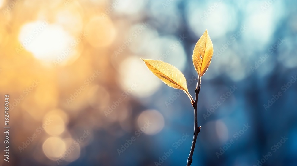 Fototapete fresh spring leaves on a branch captured in soft focus against a colorful bokeh background : generat
