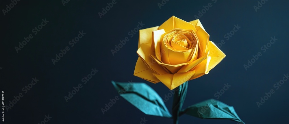 Poster a close-up view of a bright yellow rose with green leaves, perfect for decorating or adding a pop of