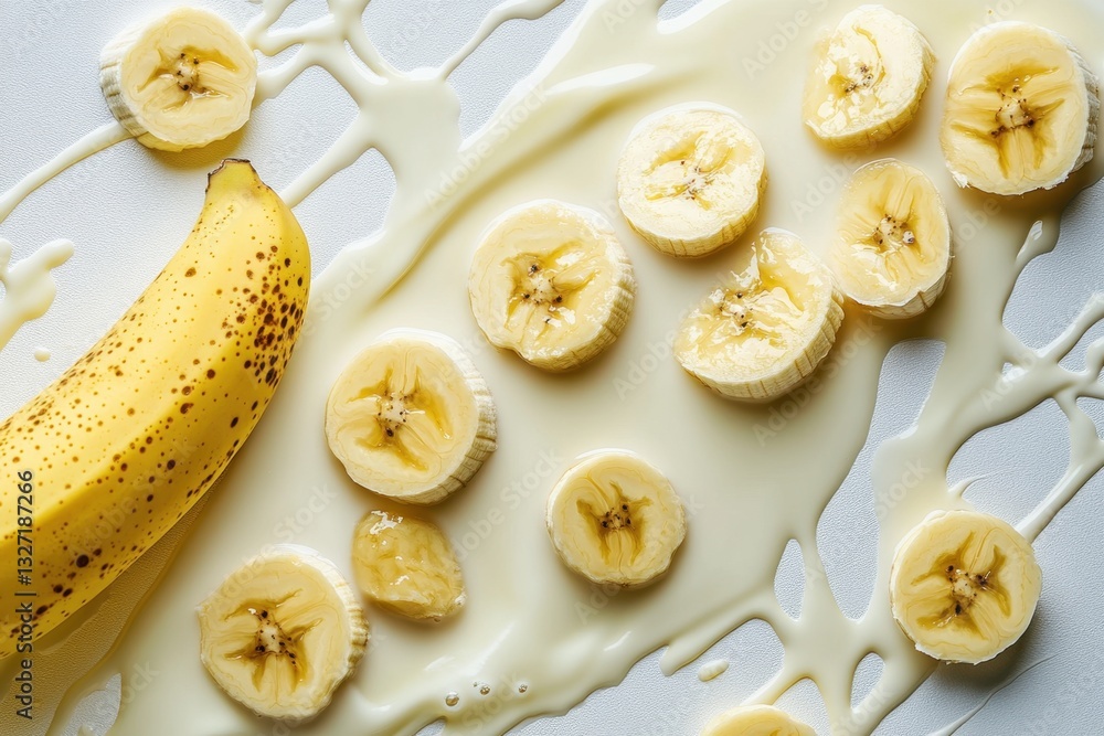 Aufkleber sliced banana with creamy sauce on a white surface creating a visually appealing and delicious food 